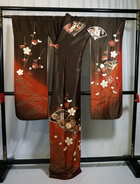 Japanese kimono SILK"FURISODE" long sleeves,Gold fans, Plum, G/Silver,5' 5".3330