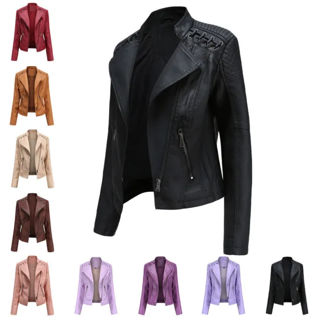 Women's Casual PU Leather Zipper Biker Jacket Ladies Coat Tops Outwear