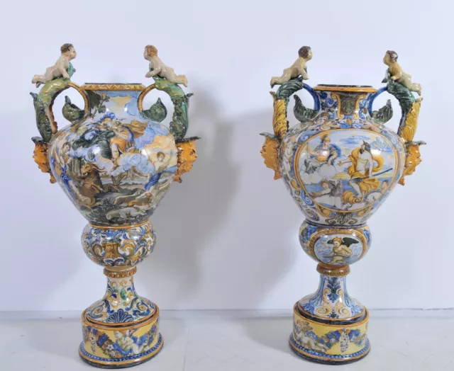 Pair of amazing antique Italian Maiolica floor vase, 19th century