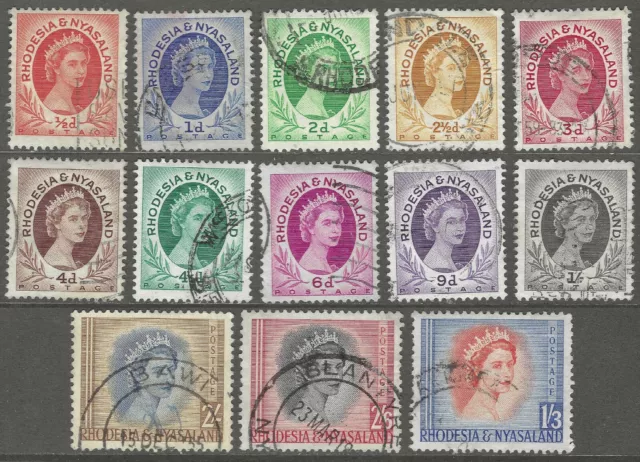 Rhodesia & Nyasaland. 1954-56 QEII. Used Part Set 13 values to 2/6. SG 1etc