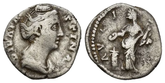 Ancient Roman Silver Denarius Coin - Rome  141 AD - Diva Faustina I and Vesta