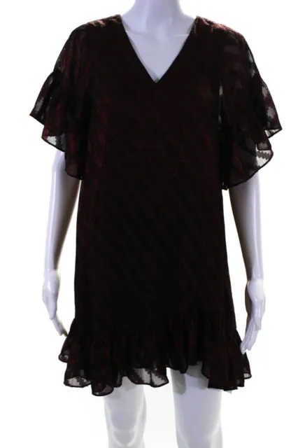 Allsaints Womens Short Sleeve V Neck Metallic Ruffle Belle Dress Red Size Small