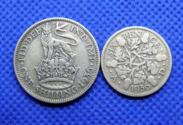 1936 KING GEORGE V - BRITISH SILVER SHILLING COIN & SIXPENCE 6d COIN  (WL02)