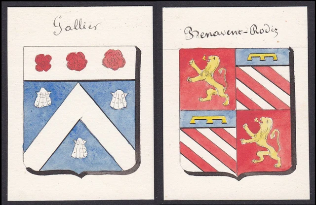 19. Siglo Galia Rodez-Benavent Francia Escudo Abrigo De Arms Acuarela