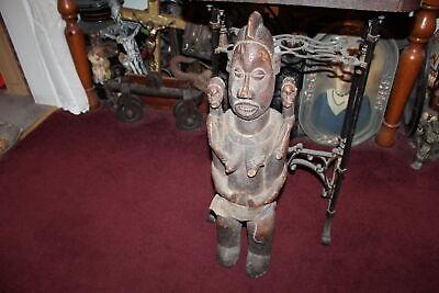 Antique African Tribal Wood Carving Statue Woman Holding Children Large Size