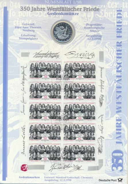 Germany: 1998 Silver 10 Mark 350th Anniv. Peace of Westphalia Numisblatt 1/98