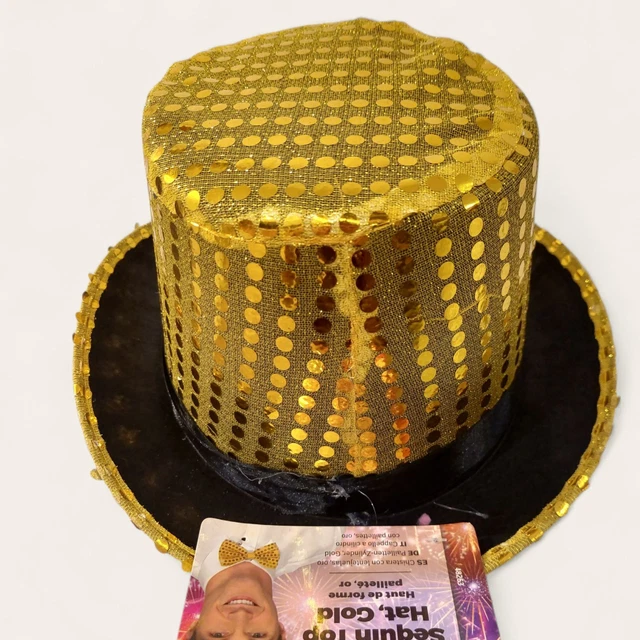 GOLD SEQUIN TOP Hat Fancy Dress Cabaret Victorian Ringmaster Tophat ...