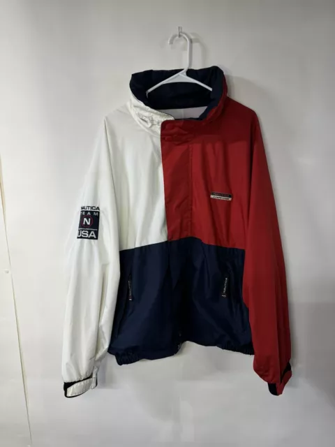 Vintage Nautica Competition Jacket Blue Red White Extra Large XL With Rain Hood