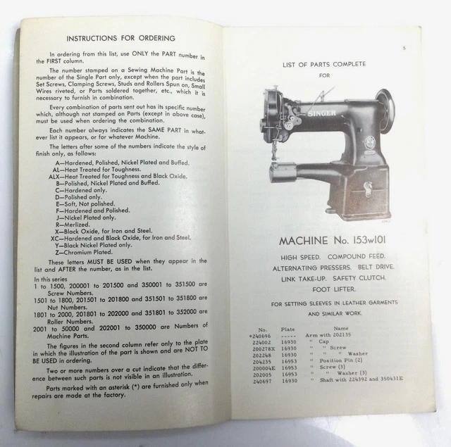 VINTAGE SINGER 153W101 Sewing Machine Parts Catalogue £24.95 PicClick UK
