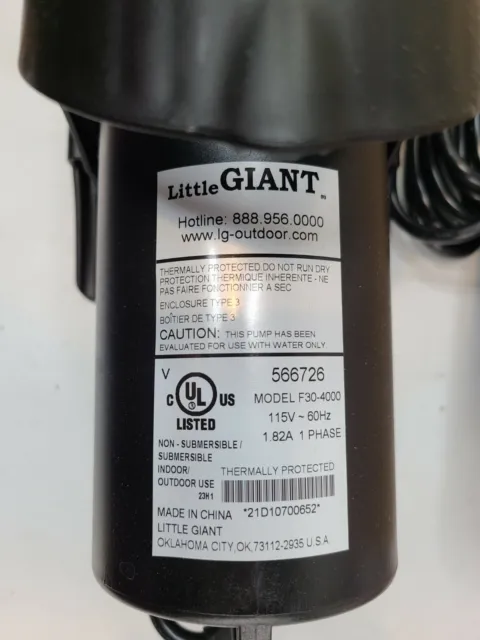 Little Giant F30-4000 566726 Wet Rotor Pump with 20-Feet Cord, 4000GPH - New 3