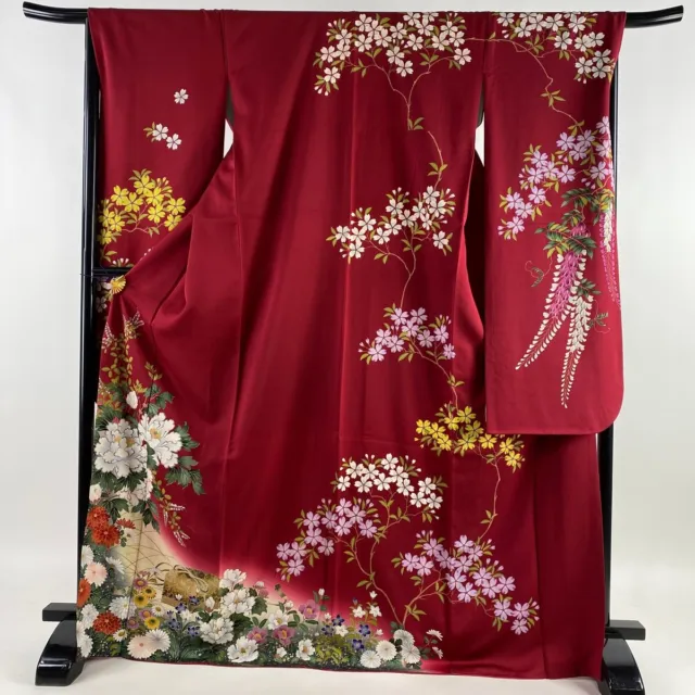 Japanese Silk Kimono Vintage Furisode Gold Red Peony Flower Grass Pink White 66"