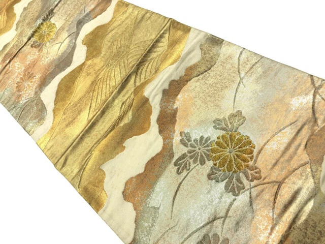 6649708: Japanese Kimono / Antique Fukuro Obi / Woven Kiku With Grass & Wave