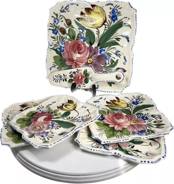 Mint 1930's Italian Majolica Nove Rose Serving Platter, 4 D. Plates & Server S/6