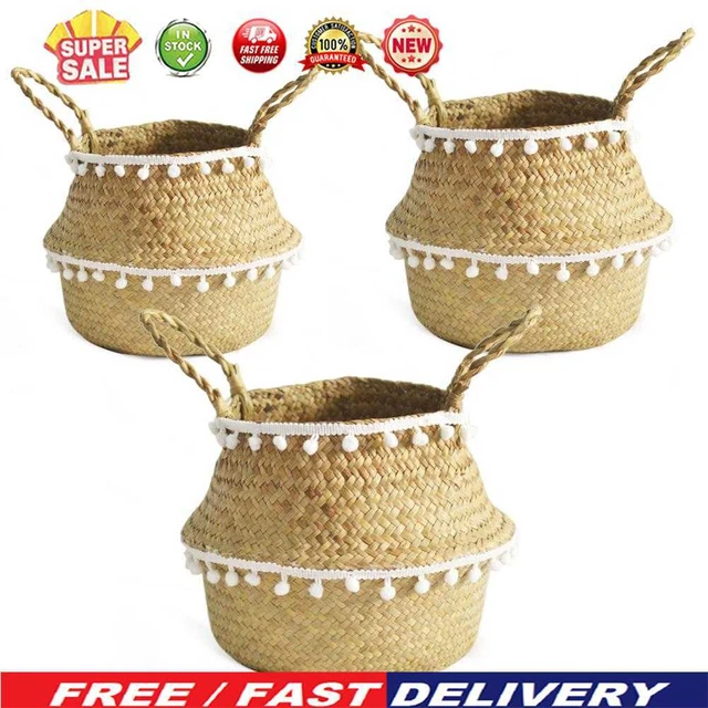 Cesta plegable de vientre colgante de paja para el hogar jardín maceta maceta con mango