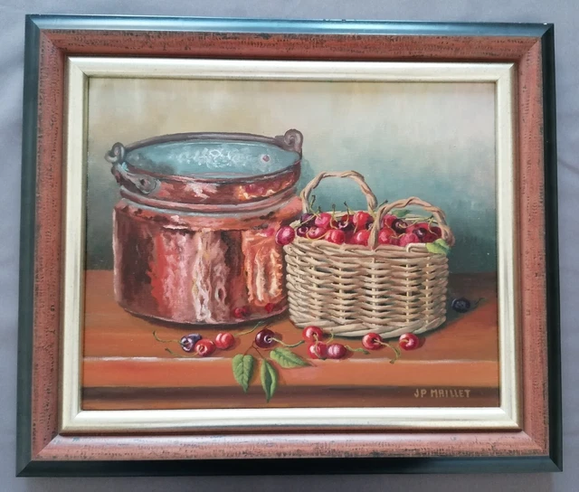 Tableau ancien Huile Toile nature morte Cerises Cuivre  peinture réaliste XX Eme