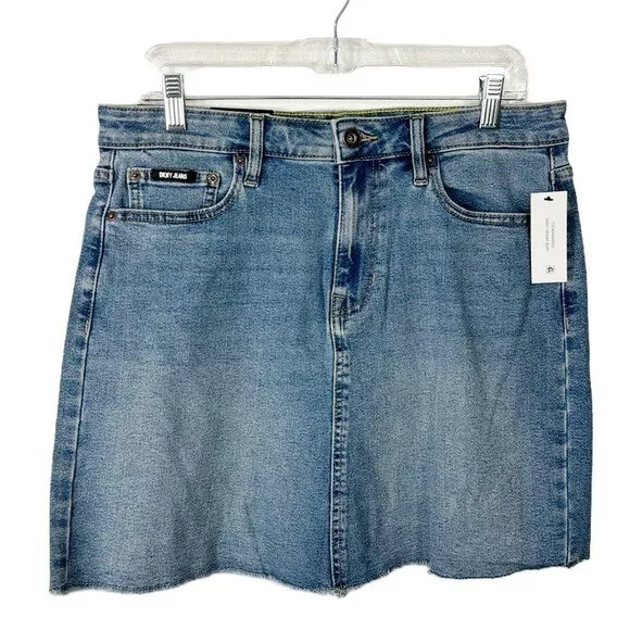 DKNY Women's 10 Mid Rise Denim Mini Skirt Blue Fringed  Stretch NWT 7327