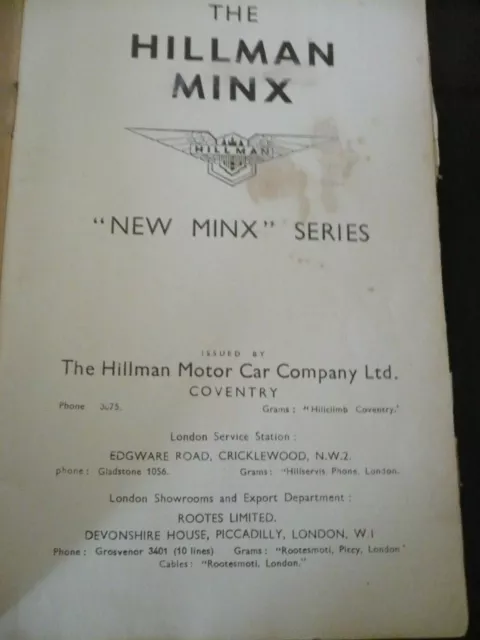 Hillman Instruction Book The New Minx 1937