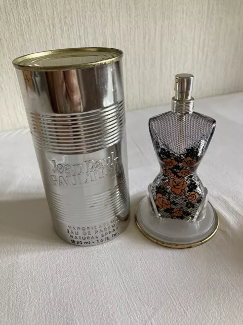 Jean Paul Gaultier Collectors Empty Perfume Bottle and Tin Black Lace Gold Roses