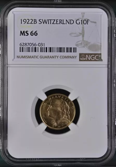 Switzerland , Gold 10 Francs 1922 B - Ngc Ms 66 ,  Rare