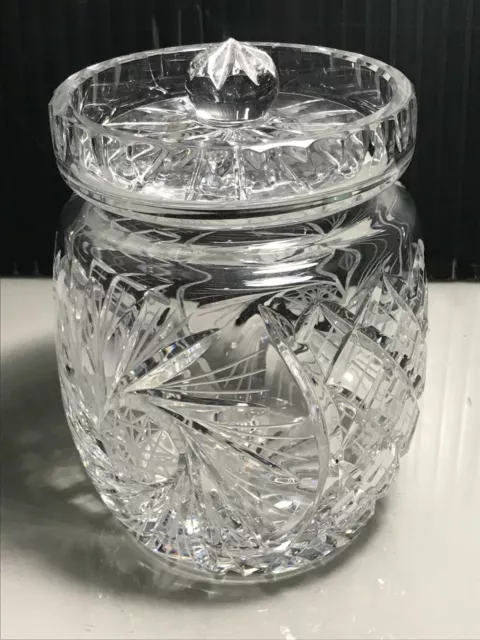 Vintage Art Deco Style Geometric Design, Finial Lidded Crystal Glass Bon-Bon Jar