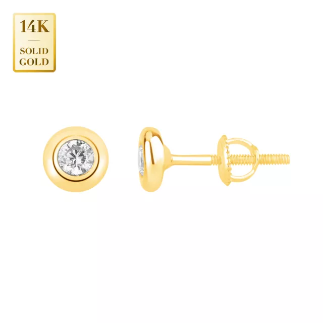 14K Solid Gold Solitaire Baby Tiny Round Bezel Natural Diamond Stud Earrings