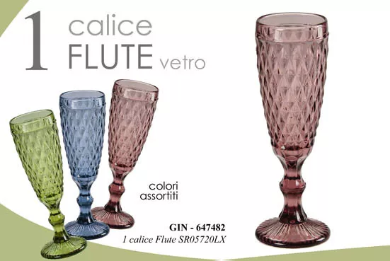 Set 6 Pz Calici Flute Vetro Vintage Colorati H 20 Cm 140 Cc Diamante Gin-647482