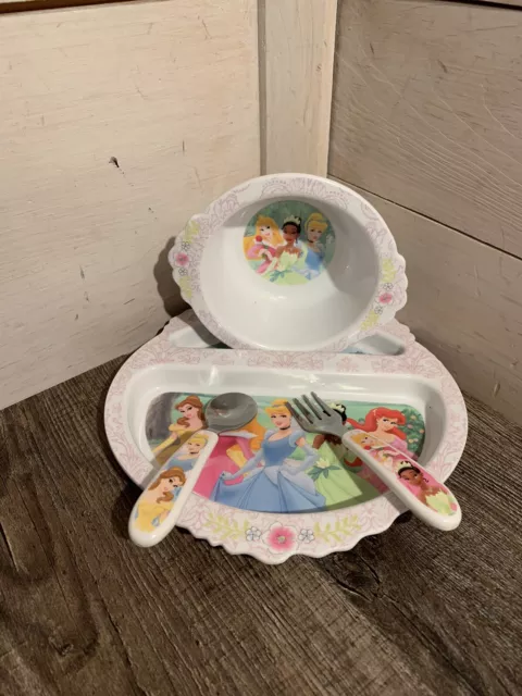 First Years Disney Princess Melamine Divided Plate Bowl Fork Spoon Kids