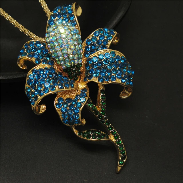 New Betsey Johnson Blue Bling Flower Rhinestone Crystal Pendant Chain Necklace 3