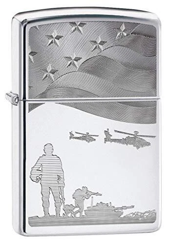 Zippo Lighter: Soldiers and American Flag, Engraved - High Polish Chrome 80790