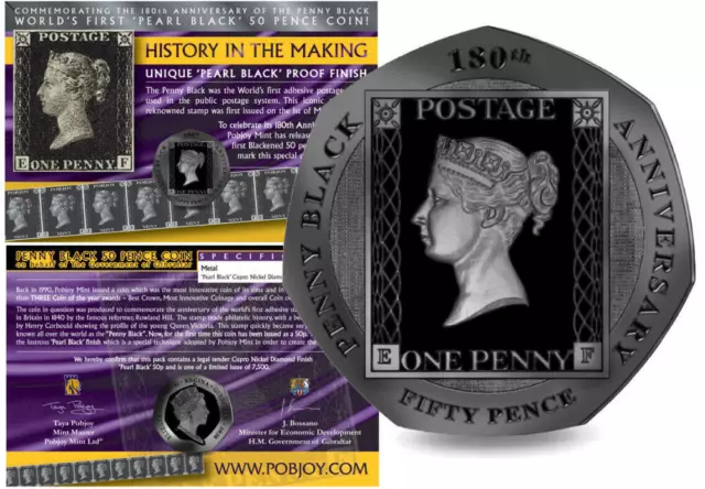2020 Fifty Pence 50p Gibraltar 180th Anniversary Penny Black Stamp Card Pobjoy