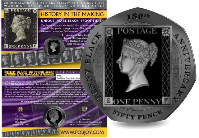 2020 Fifty Pence 50p Gibraltar 180th Anniversary Penny Black Stamp Card Pobjoy