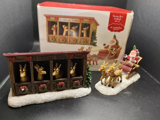 Reindeer Barn & Santa's Sleigh St. Nicholas Square Christmas Village Accessory