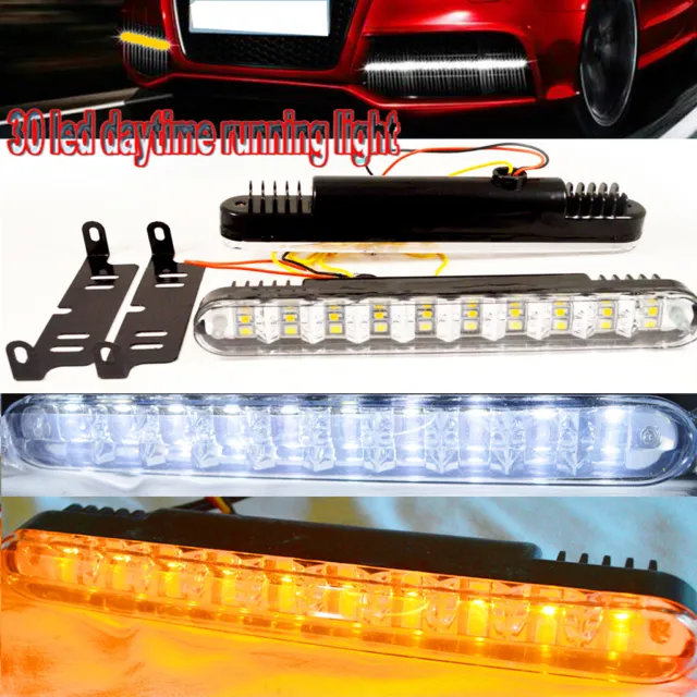 2pc 12W 30LED Daytime Running Light Bar DRL Fog White lights + Amber Turn Signal