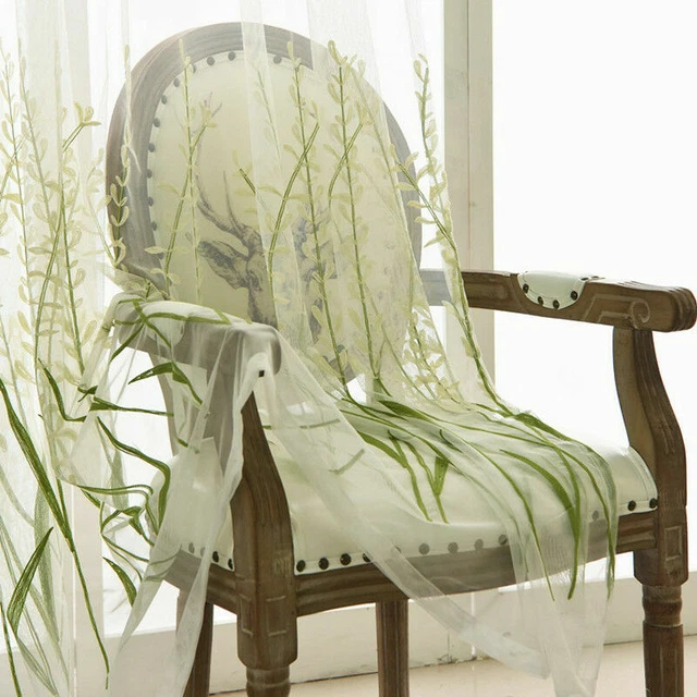 Green Sheer Curtain Embroidery Tulle Nature Fresh Mesh Voile Window Drape 1Piece