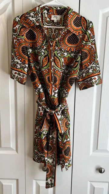 Original Milly Of New York 100% SILK Shirt Dress Orange Brown Green Floral Sz 6