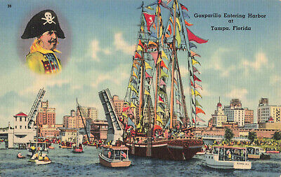 Postcard Florida Tampa Gasparilla Harbor Boats Bridge Linen c1940 FL