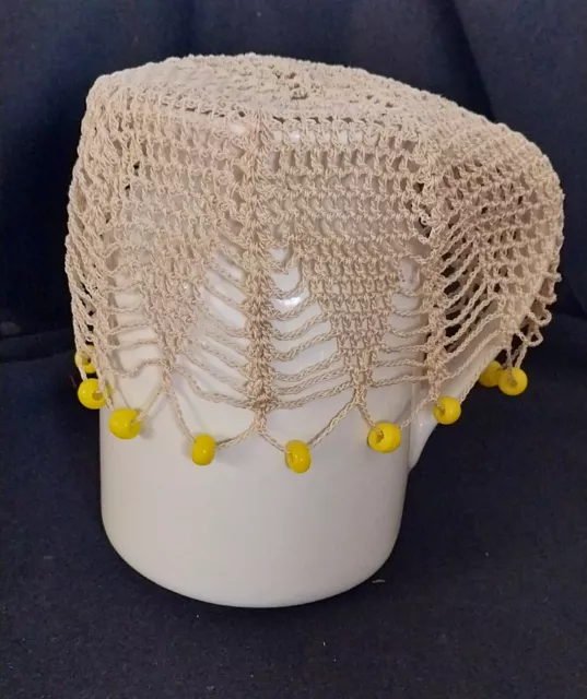 vintage crocheted beaded milk jug cover yellow beads pretty cream