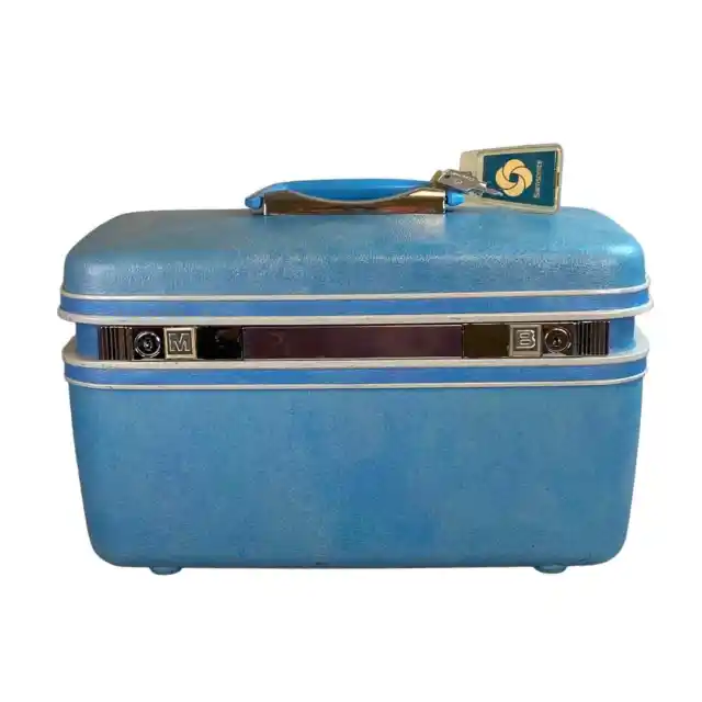 Vintage Samsonite Silhouette Blue Train Case W/Keys Hard Shell Cosmetics Travel