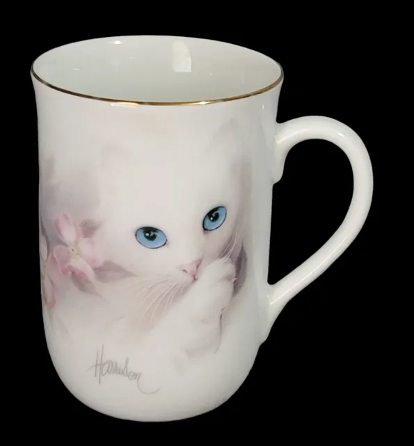 Otagiri Bob Harrison White Kitten Cat Coffee Cup Mug Blue Eyes Pink Flower Japan