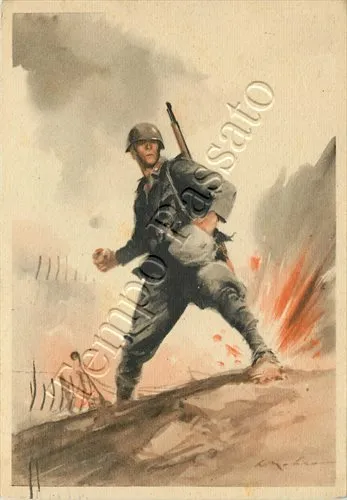Seconda guerra mondiale - Soldato con granata - 1943 / illustratore Molino