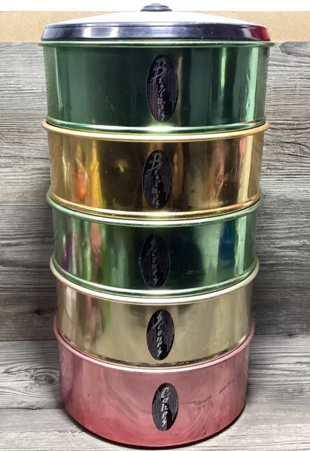 Vintage 6 Tier Anodised Cake Biscuit Tin Canister Stack Set 50s Sunray Aluminium