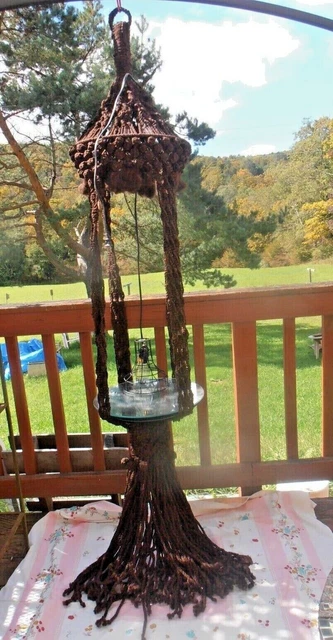 Vtg 7' large Macrame Hanging Floating Table Plant Shelf w/ light Retro MCM
