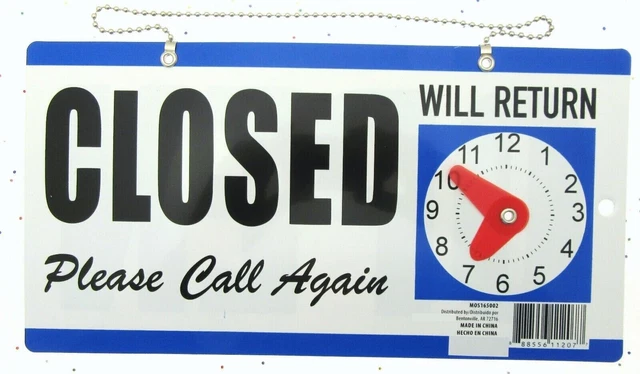 OPEN CLOSED WILL Return Clock Sign with Hanger for Door Will Return ...