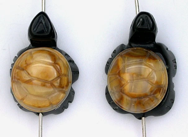 Pair Carved Carving Natural Black Onyx Picture Jasper Turtle Gemstone Bead 6482