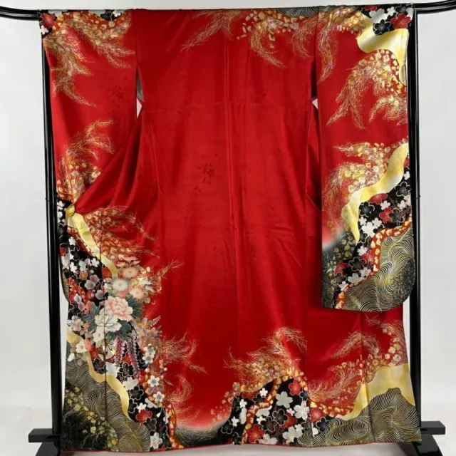 Japanese Kimono Furisode Pure Silk Moutan Flower Carriage Gold And Silver Paint