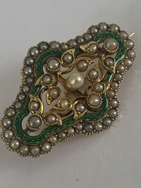 Beautiful Fine Victorian 15ct Gold Green Enamel Natural Seed Pearl Floral Brooch