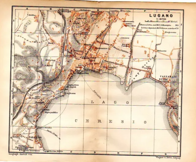 LUGANO  Switzerland Genuine Antique Map, Plan; c1885