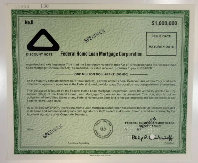 Federal Home Loan Mortgage Corp., 1970s $1,000,000 Specimen Bond, XF ABNC -Green