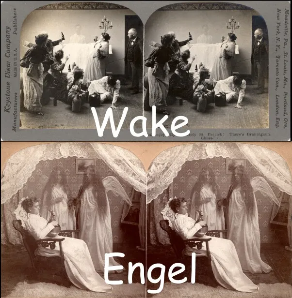 19 Stereofotos Wake Totenwache irischer Brauch Engel Angel Ghost um 1900