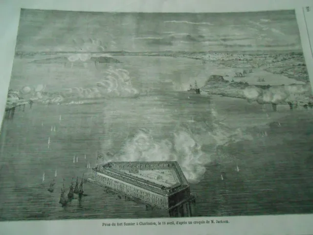 Gravure 1861 - Prise du fort Sumter à Charleston